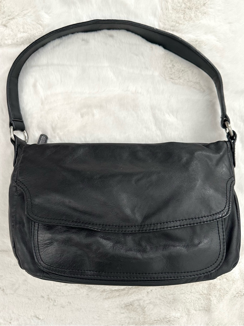 Genuine Leather Shoulder Hobo Bag in Black